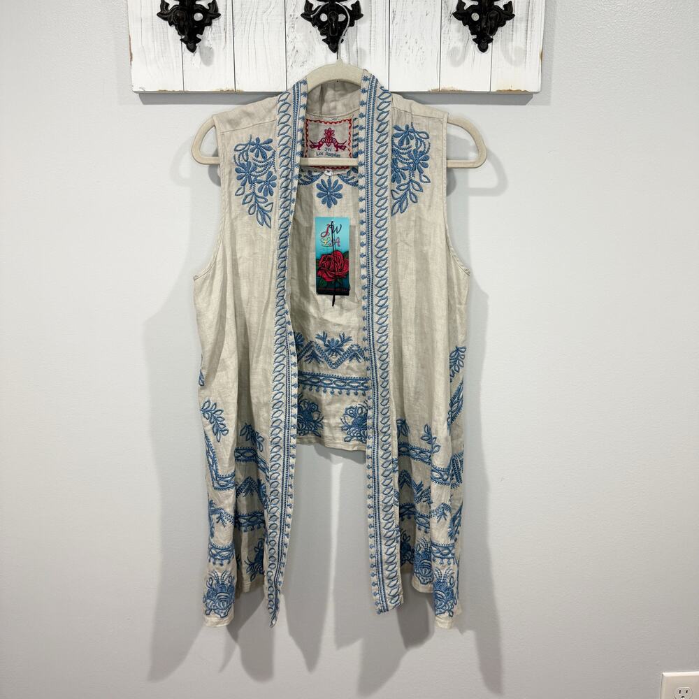 Johnny Was Gray Linen Blue Embroidered Open Front Vest NWT Boho
